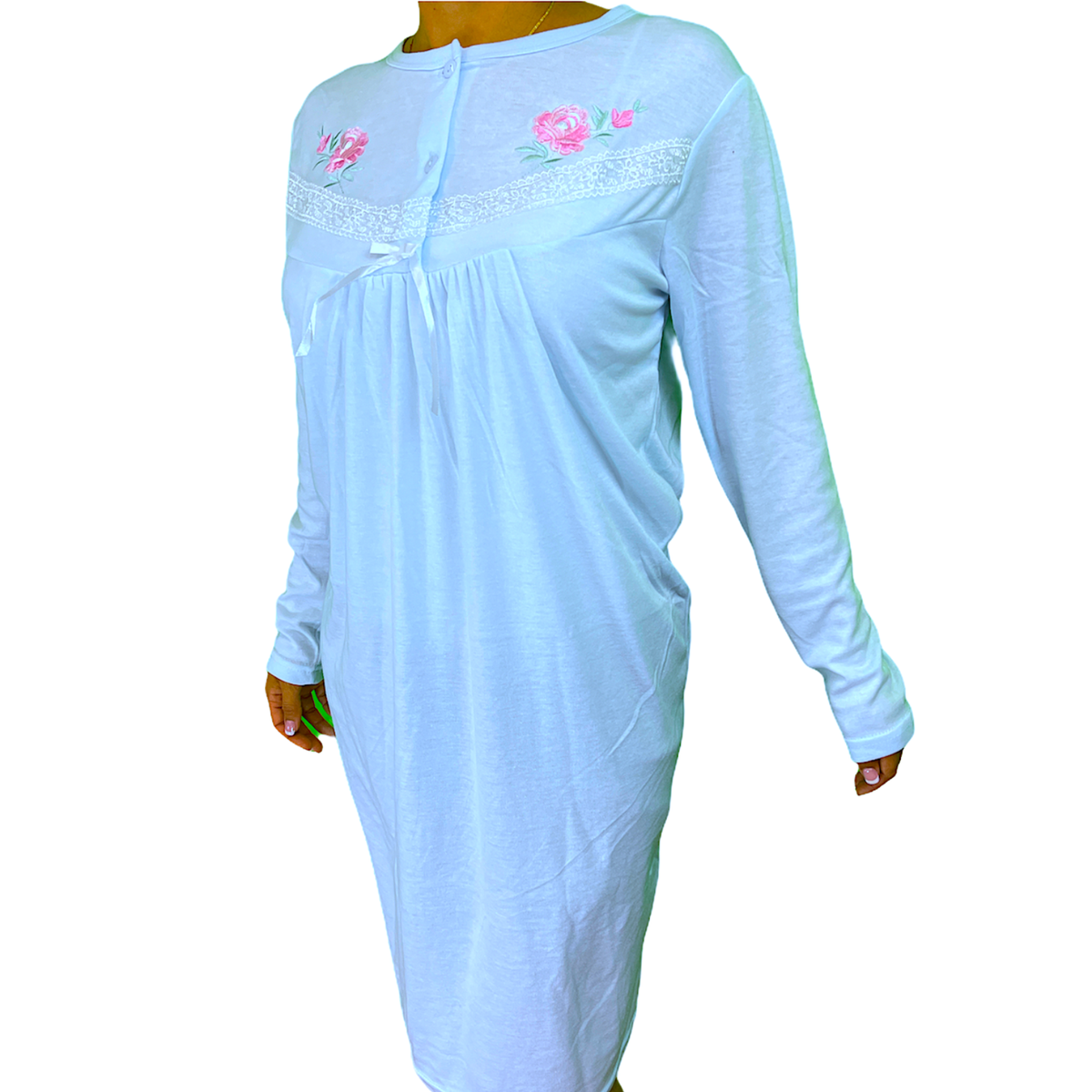 Womens Cotton Nightie Long Sleeve Night Gown Pyjamas Sleepwear Lace PJ - Blue - 16