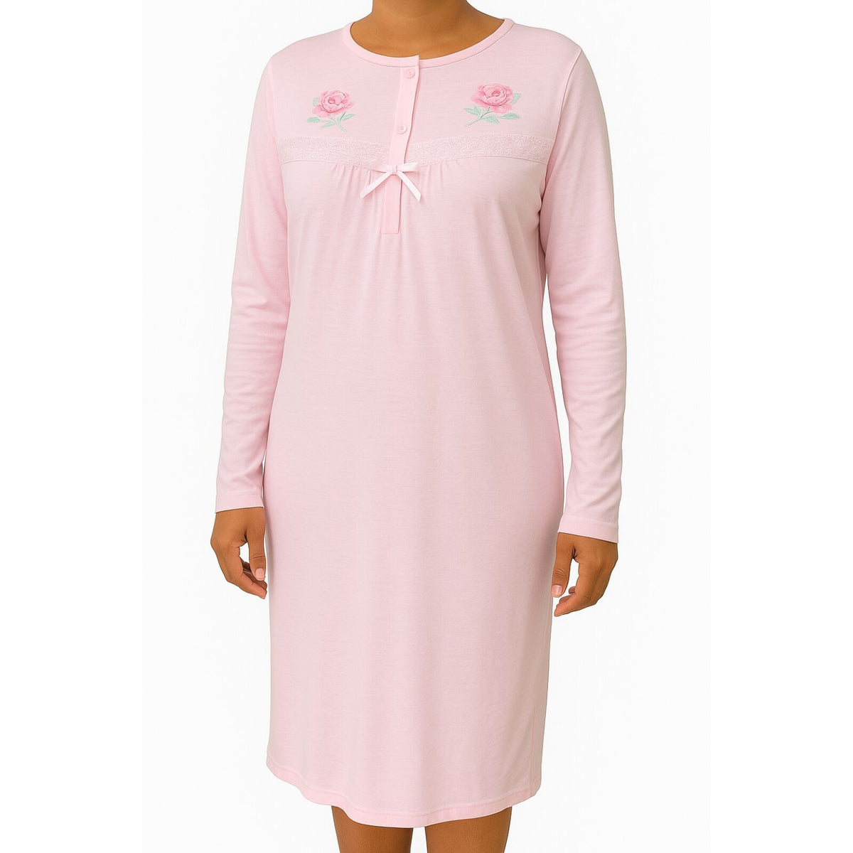 Womens Cotton Nightie Long Sleeve Night Gown Pyjamas Sleepwear Lace PJ - Pink - 16