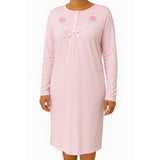 Womens Cotton Nightie Long Sleeve Night Gown Pyjamas Sleepwear Lace PJ - Pink - 20