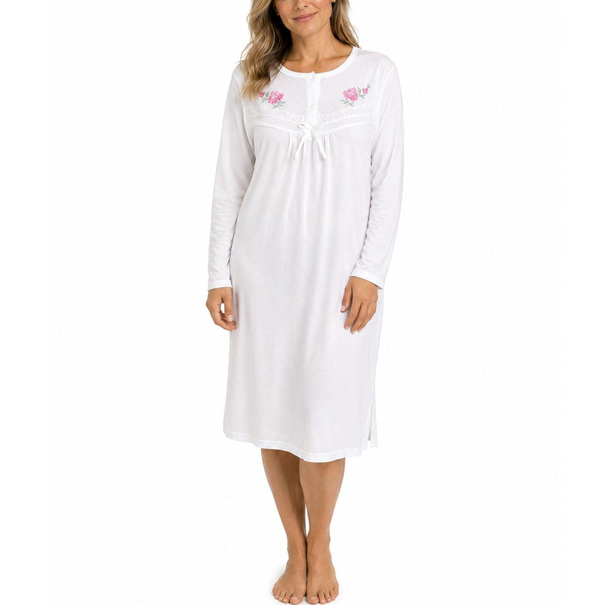 Womens Cotton Nightie Long Sleeve Night Gown Pyjamas Sleepwear Lace PJ - White - 18
