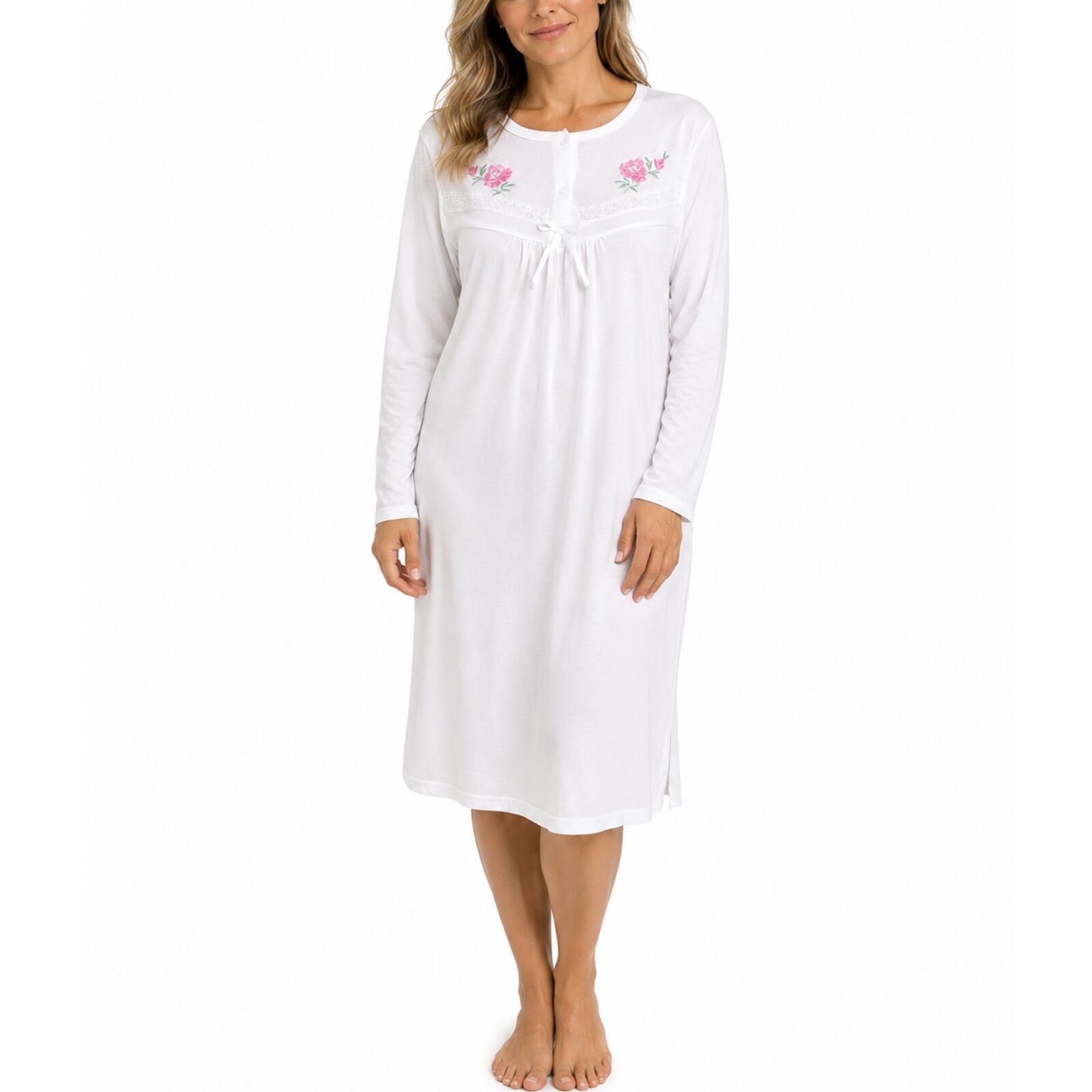 Womens Cotton Nightie Long Sleeve Night Gown Pyjamas Sleepwear Lace PJ - White - 22