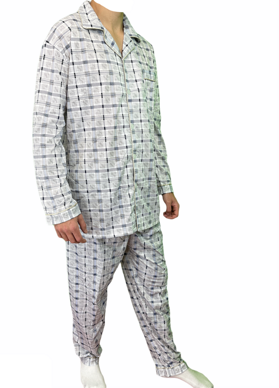 Mens Cotton Pajamas Pyjamas PJs Long Sleeve Shirt Tops + Pants Set Sleepwear - White/Blue - L
