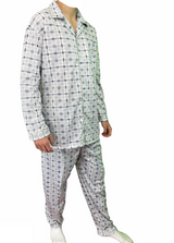 Mens Cotton Pyjama Set Long Sleeve Button Shirt Pants Sleepwear PJs - White/Blue - XXL