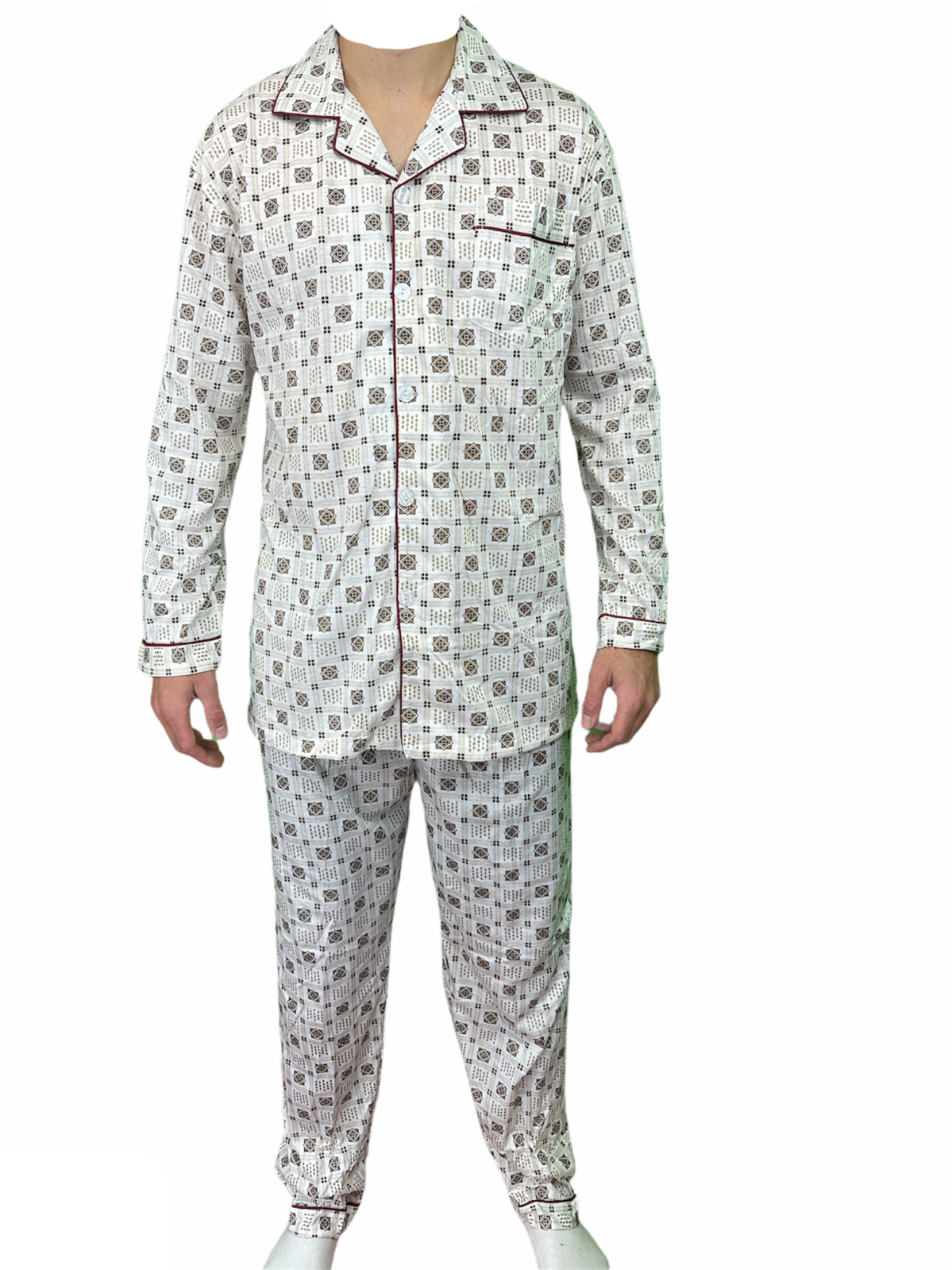 Mens Cotton Pajamas Pyjamas PJs Long Sleeve Shirt Tops + Pants Set Sleepwear - White/Brown - M