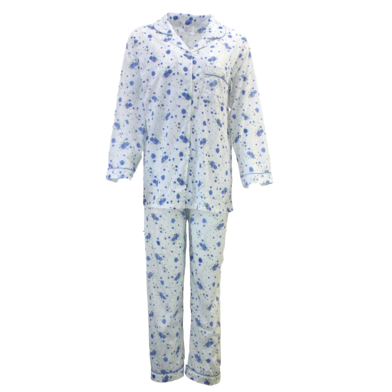 Womens Pyjama Set 100% Cotton Long Sleeve Button Up PJs Sleepwear - Blue Floral - 12