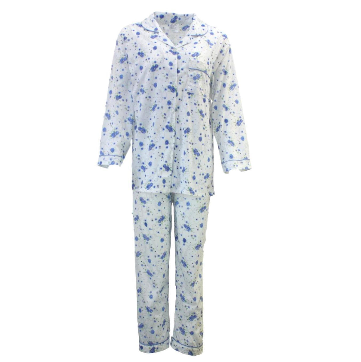 Womens Pyjama Set 100% Cotton Long Sleeve Button Up PJs Sleepwear - Blue Floral - 22