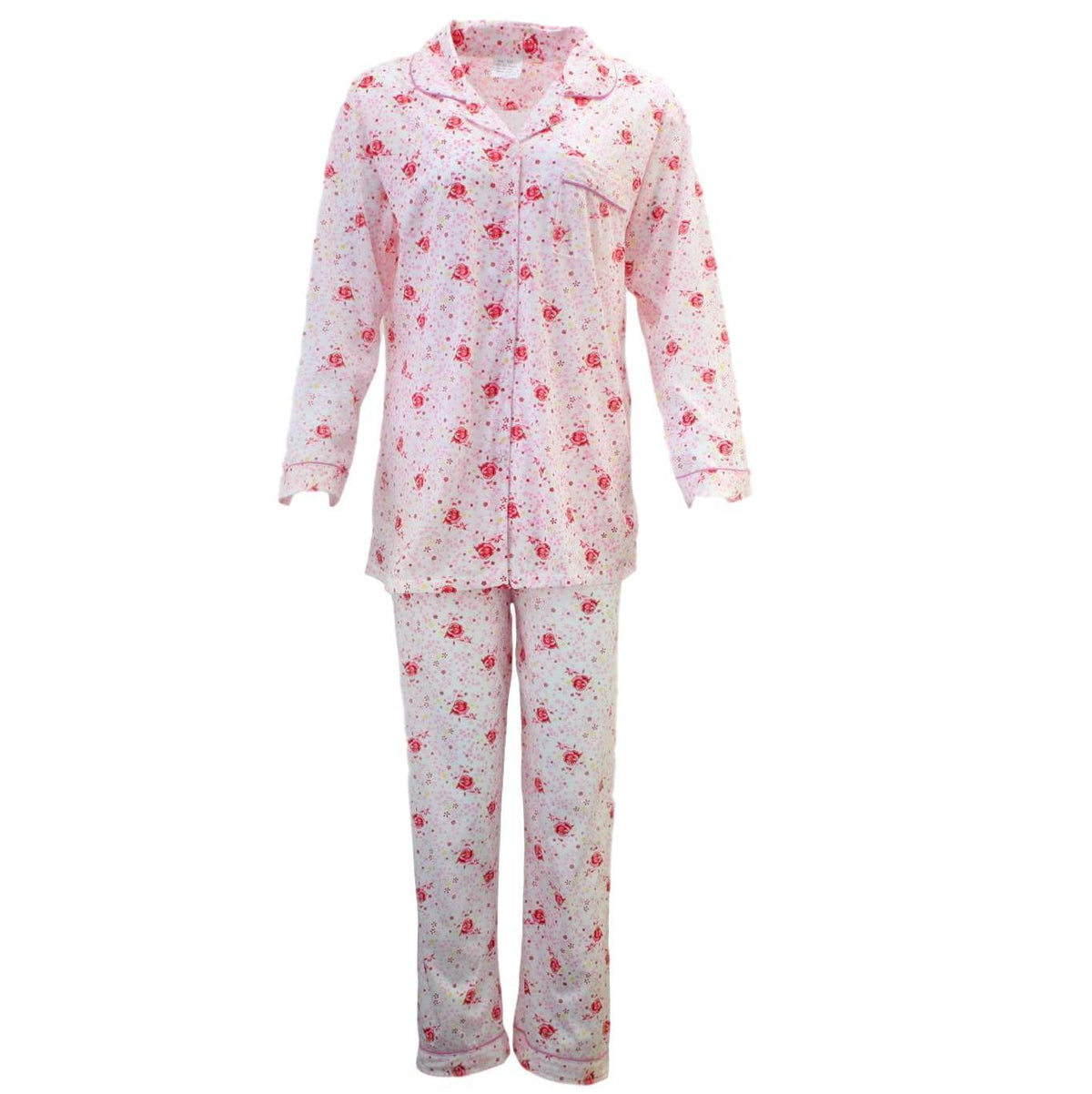 Womens Pyjama Set 100% Cotton Long Sleeve Button Up PJs Sleepwear - Pink Floral - 12