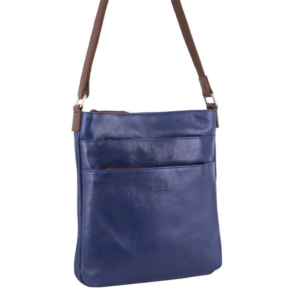 Milleni Womens Italian Leather Bag Soft Nappa Leather Cross-Body Travel - Indigo/Chestnut