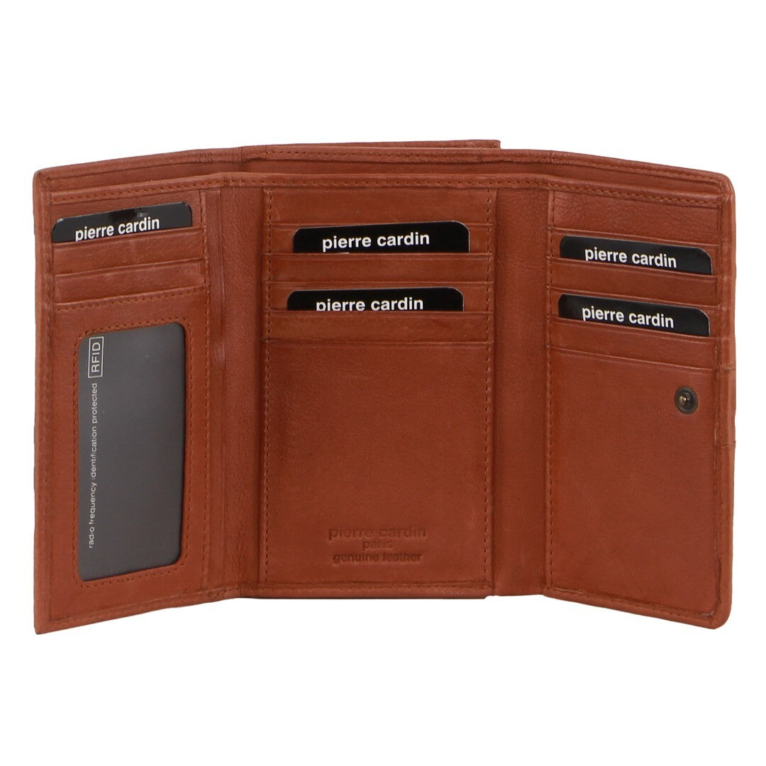 Pierre Cardin Leather Ladies Woven Design Tri-Fold Leather Wallet in Tan