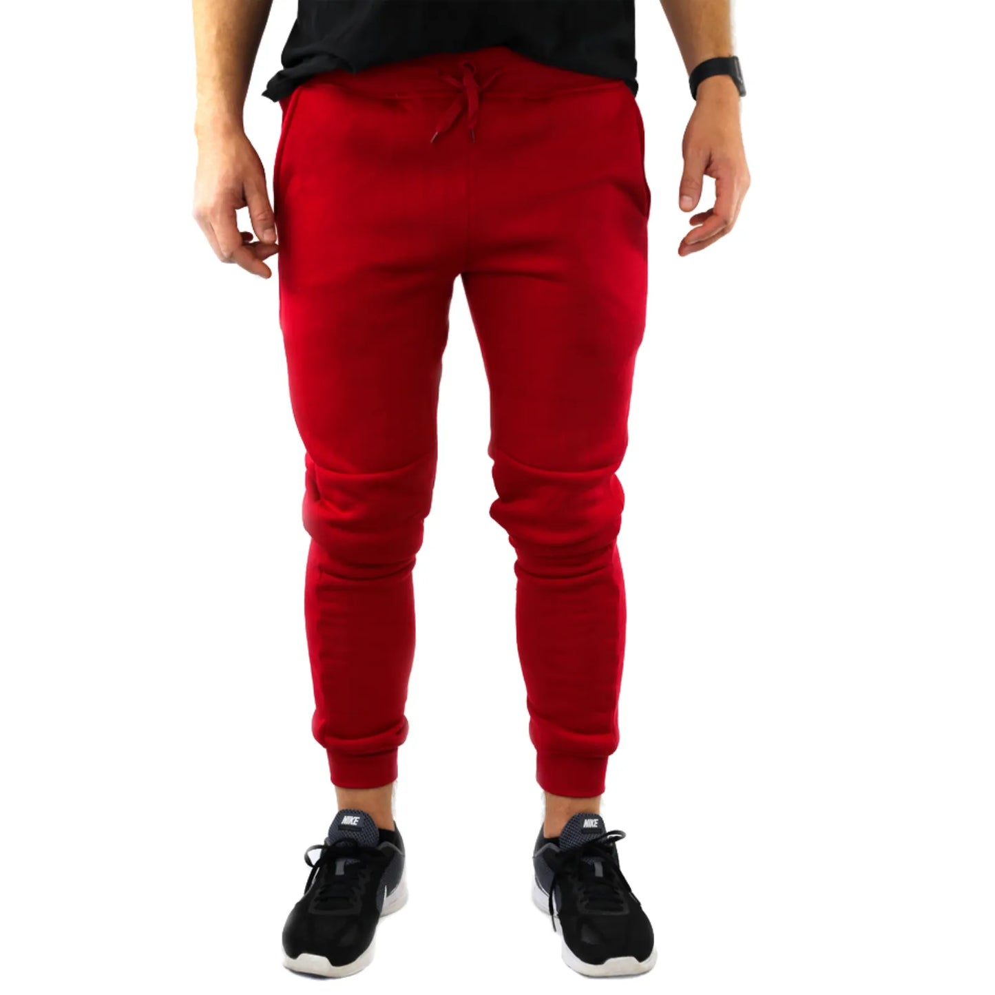 Mens Skinny Track Pants Joggers Trousers Gym Casual Sweat Cuffed Slim Trackies Fleece - Red - L