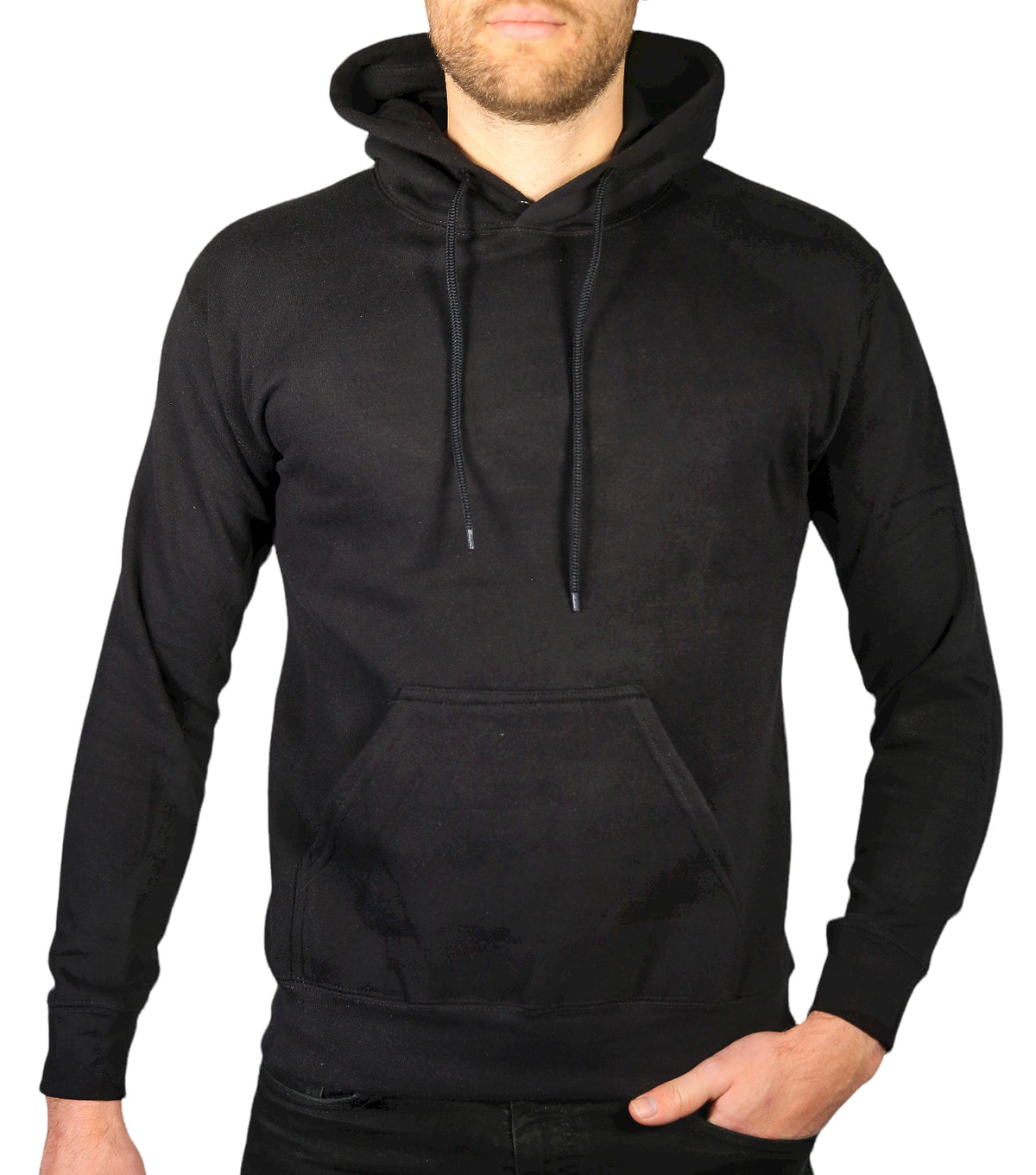Mens Hoodie 100% Cotton Fleece Pullover Sweatshirt Warm Jumper - Black - XL