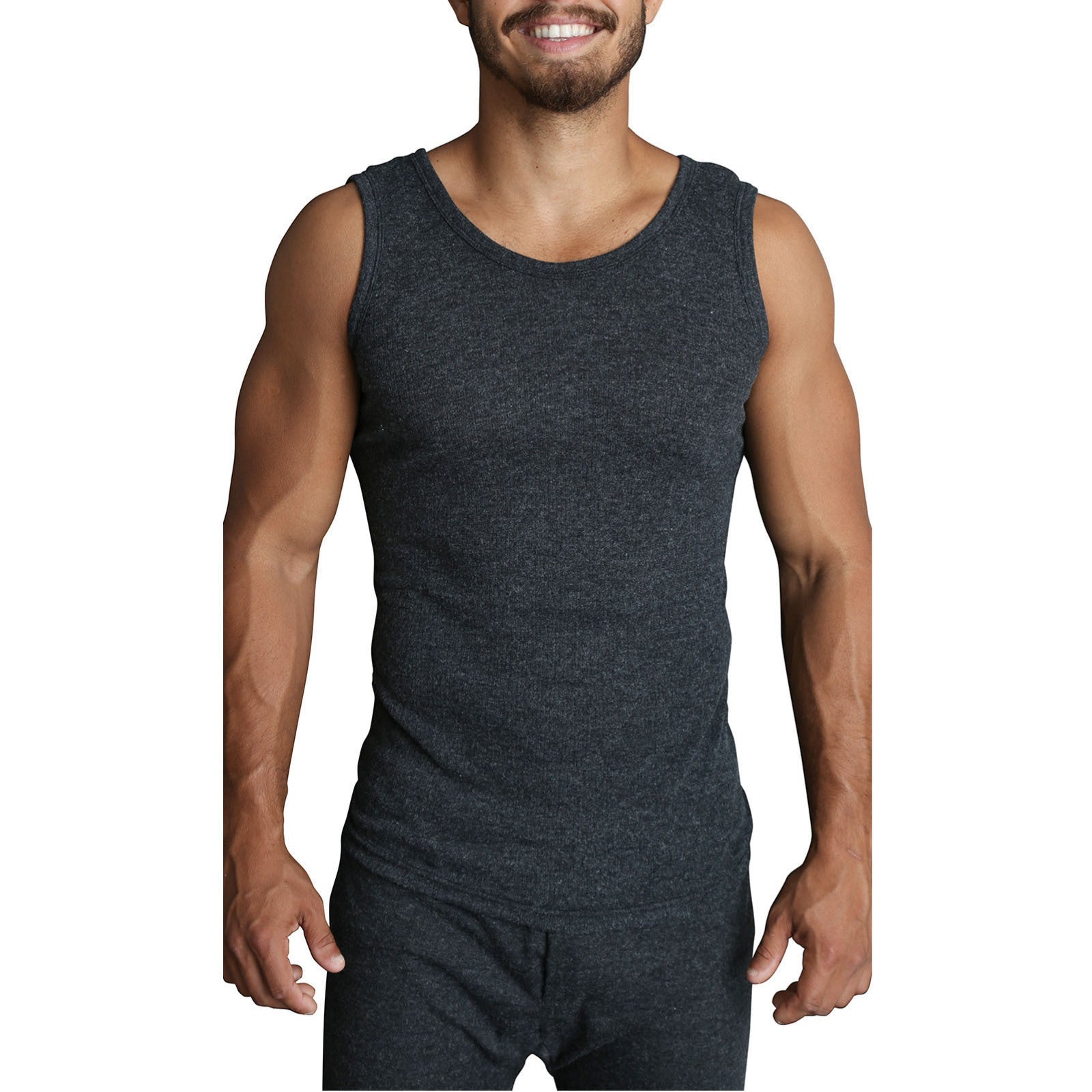 Mens THERMAL Merino Wool Blend Singlet Top Sleeveless Warm Underwear - Black - S