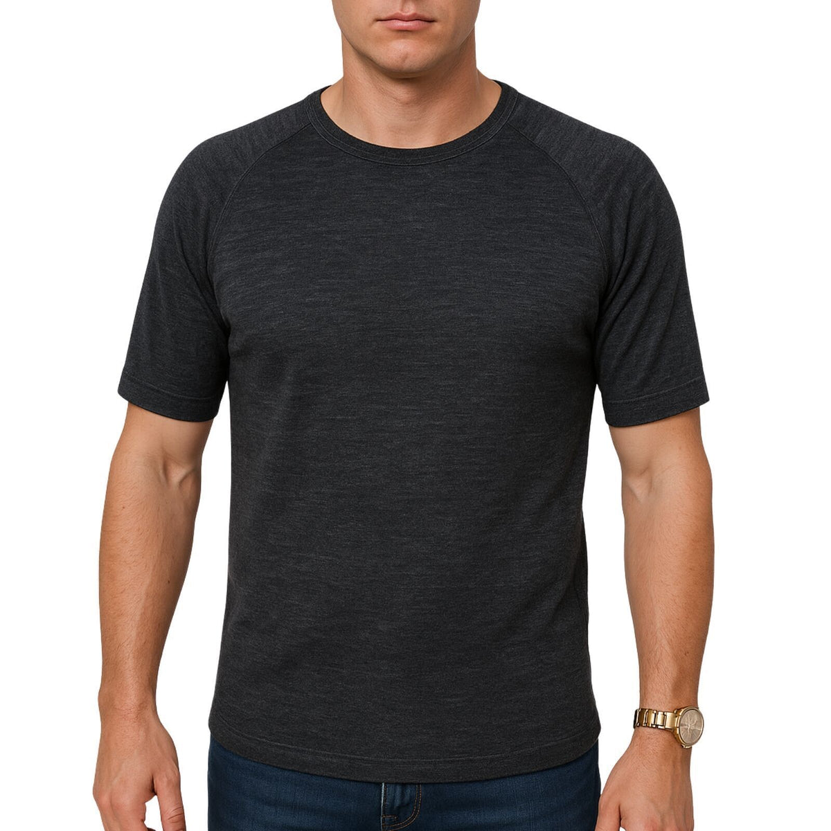 Mens Merino Wool Blend Thermal Top Short Sleeve Base Layer Warm - Black - L