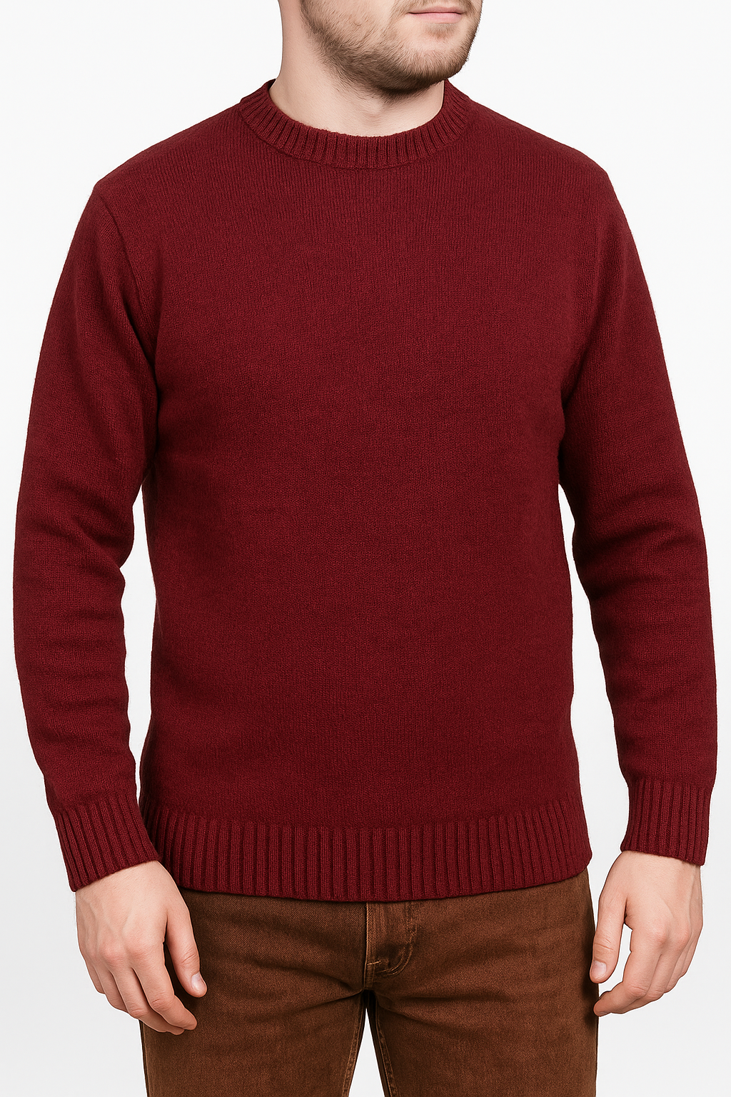 100% SHETLAND RAGG WOOL CREW Round Neck Knit JUMPER Pullover Mens Sweater Knitted - Burgundy - L