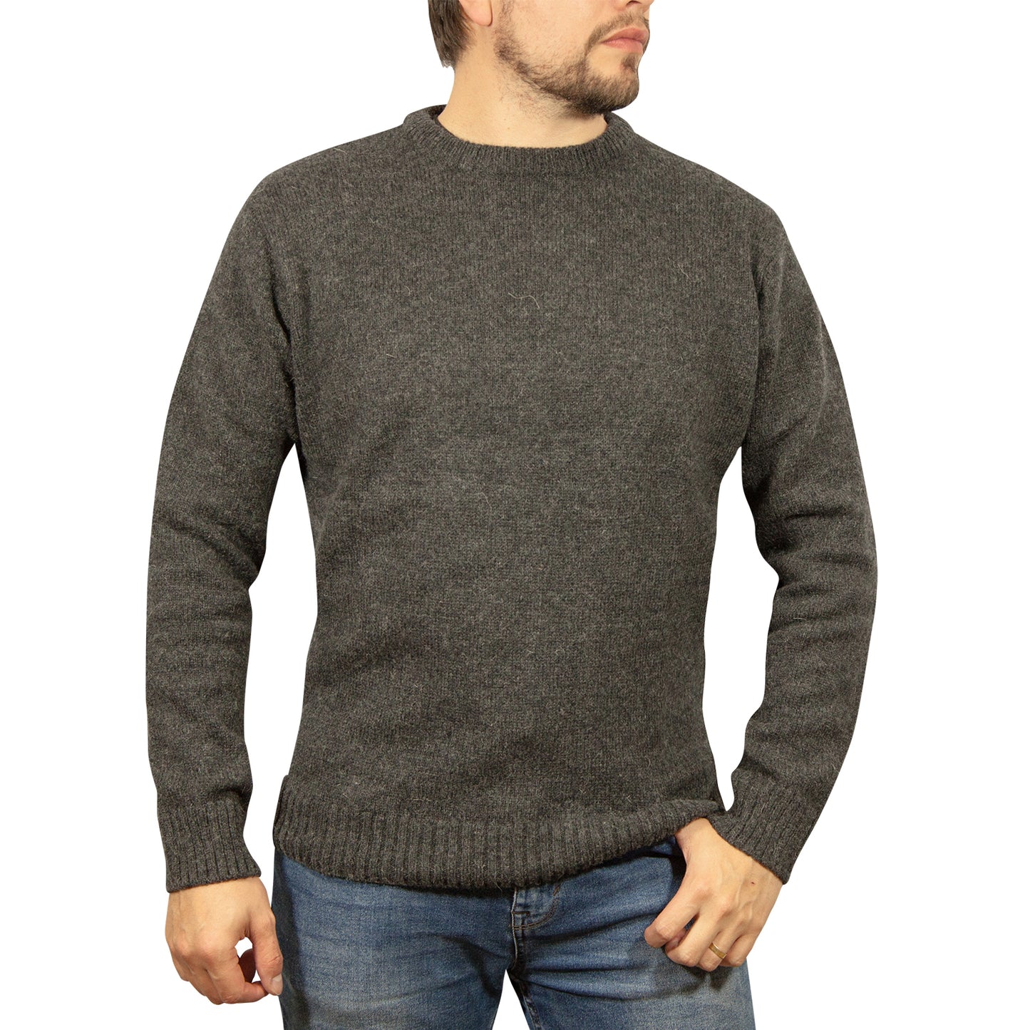 Mens 100% Shetland Ragg Wool Round Neck Knit Jumper Pullover Crew Sweater - Charcoal - 4XL