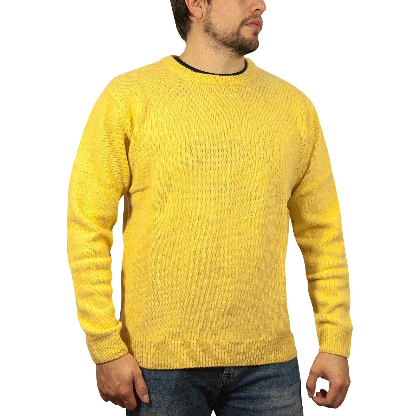 100% SHETLAND RAGG WOOL CREW Round Neck Knit JUMPER Pullover Mens Sweater Knitted - Corn (14) - L