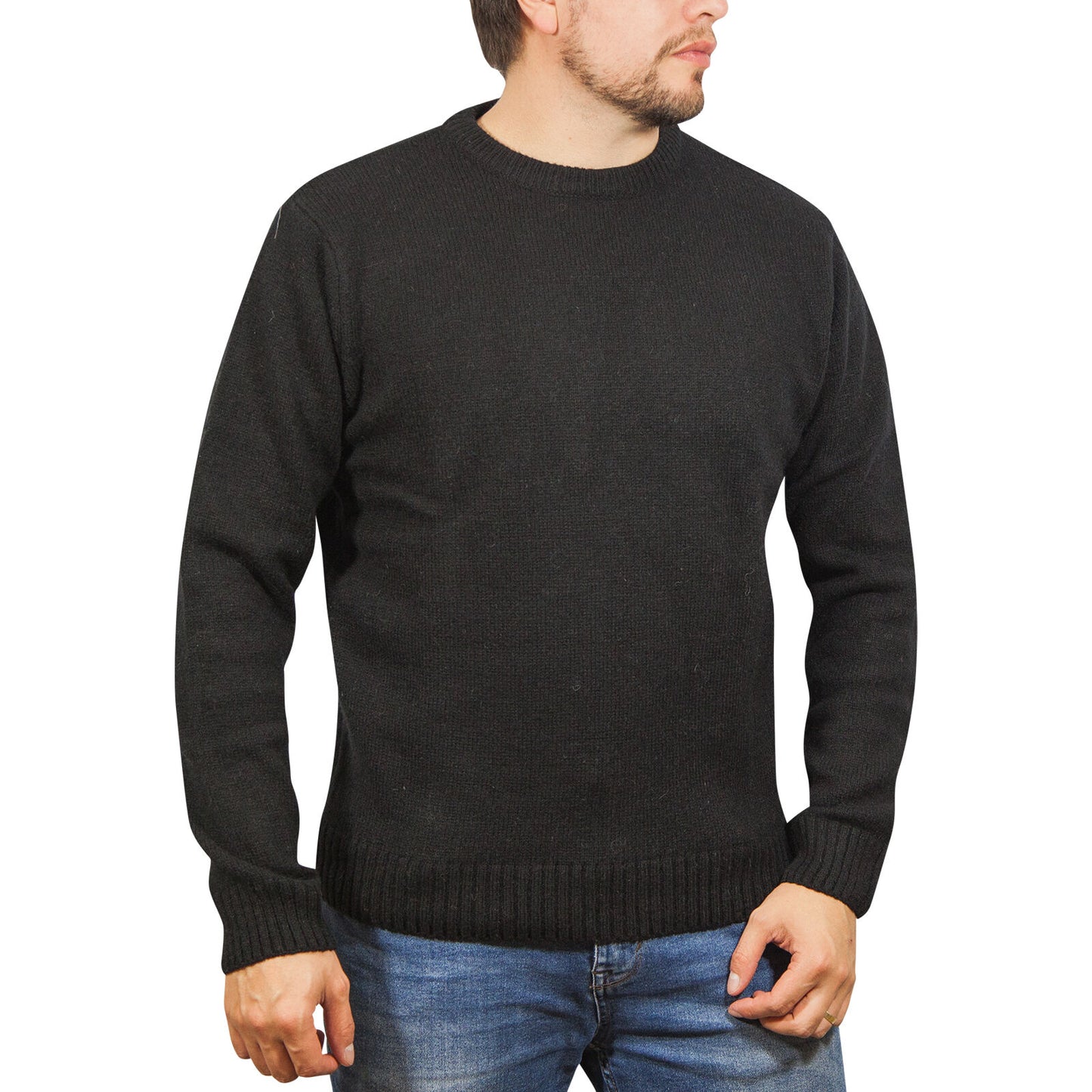 100% SHETLAND RAGG WOOL CREW Round Neck Knit JUMPER Pullover Mens Sweater Knitted - Plain Black - 4XL