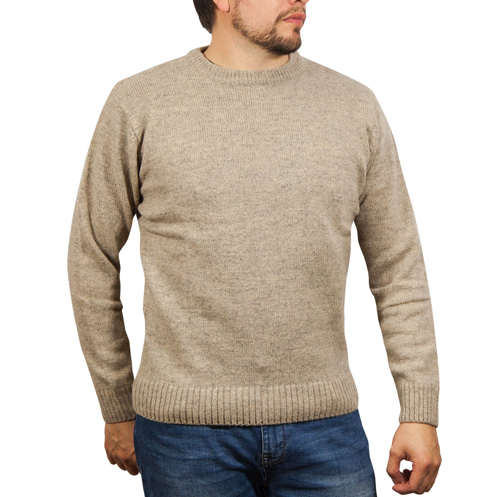 100% SHETLAND RAGG WOOL CREW Round Neck Knit JUMPER Pullover Mens Sweater Knitted - Beige - M