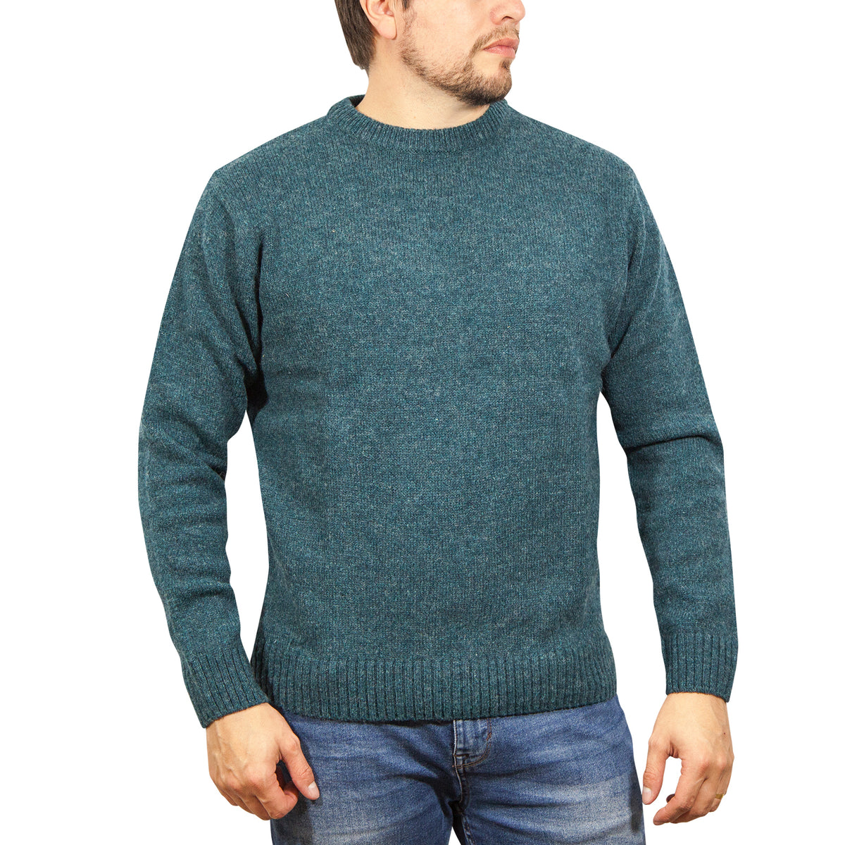 100% SHETLAND RAGG WOOL CREW Round Neck Knit JUMPER Pullover Mens Sweater Knitted - Sherwood - XXL