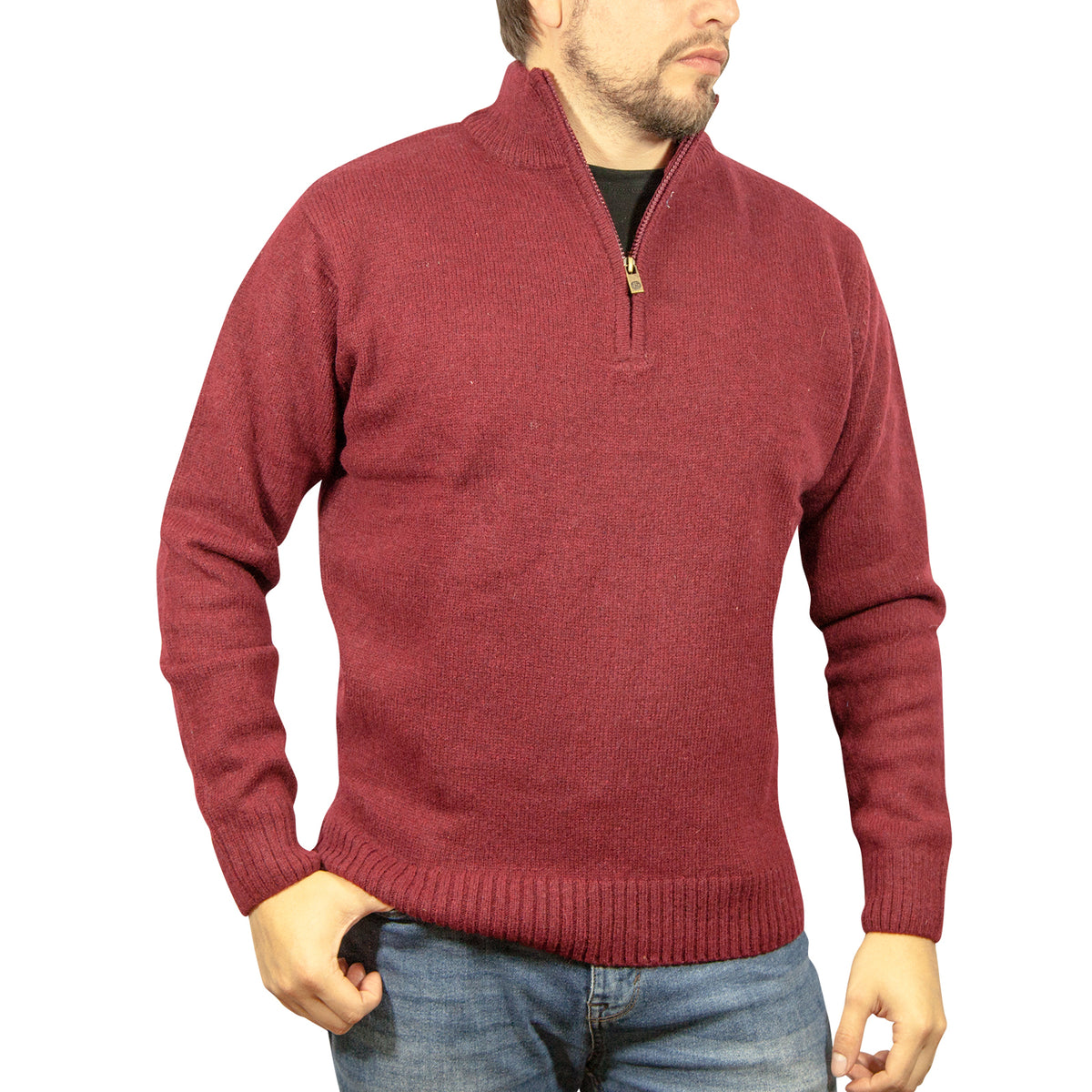 100% SHETLAND RAGG WOOL Half Zip Up Knit JUMPER Pullover Mens Sweater Knitted - Burgundy - 3XL