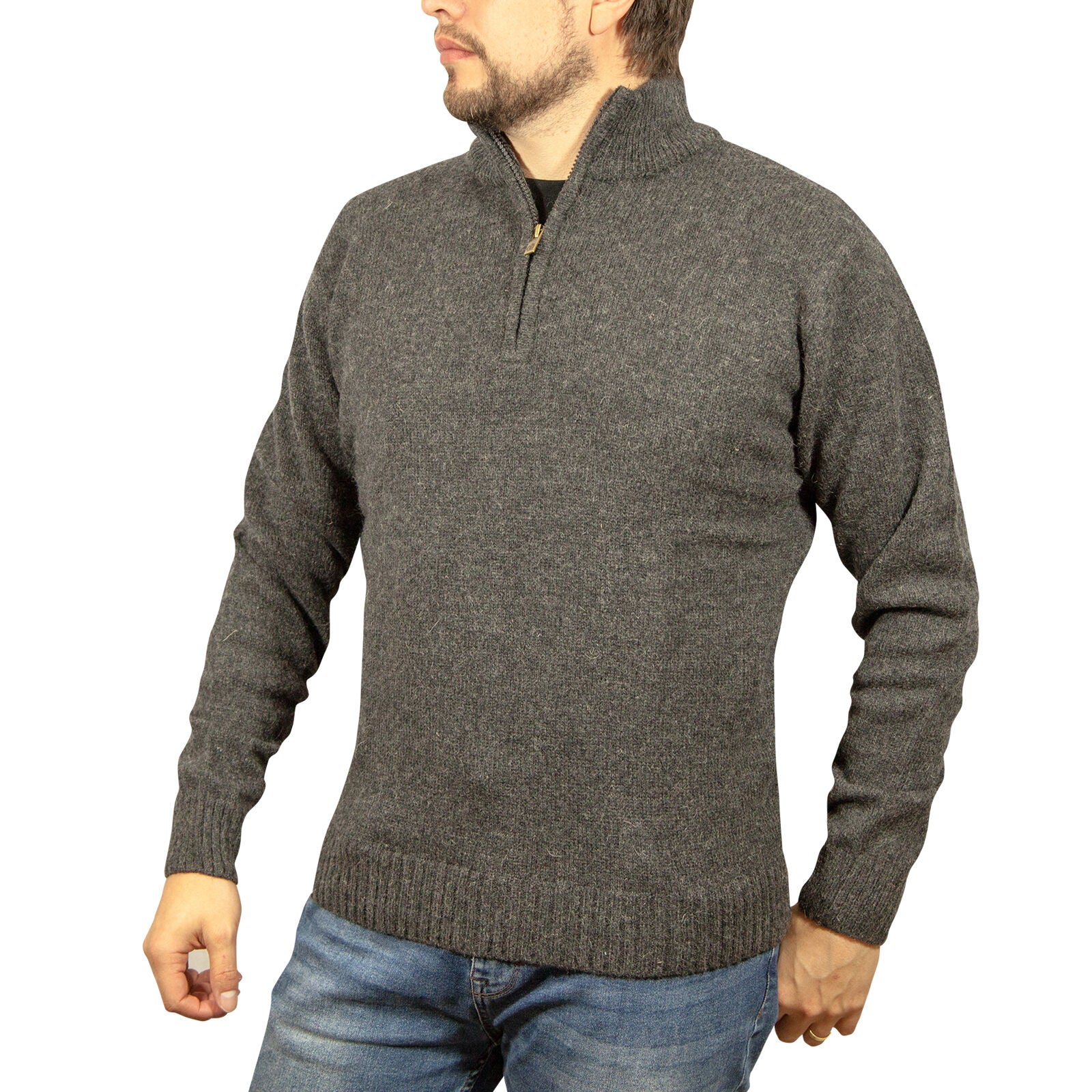 100% SHETLAND RAGG WOOL Half Zip Up Knit JUMPER Pullover Mens Sweater Knitted - Charcoal - L