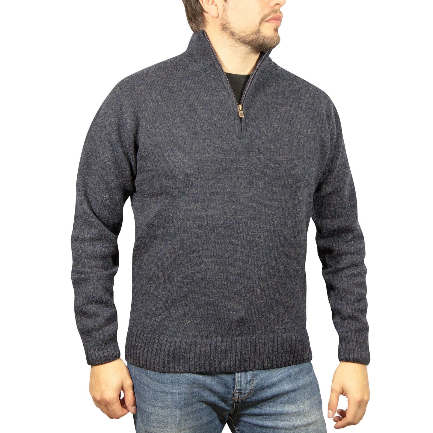 100% SHETLAND RAGG WOOL Half Zip Up Knit JUMPER Pullover Mens Sweater Knitted - Denim Blue - XL