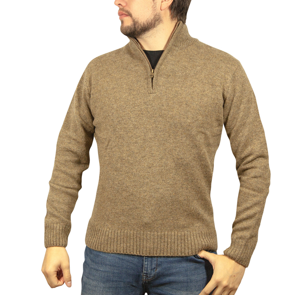 100% SHETLAND RAGG WOOL Half Zip Up Knit JUMPER Pullover Mens Sweater Knitted - Nutmeg - XXL