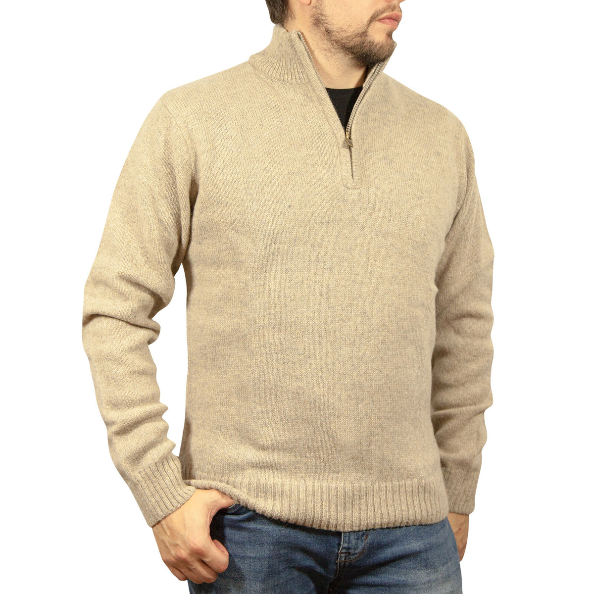 100% SHETLAND RAGG WOOL Half Zip Up Knit JUMPER Pullover Mens Sweater Knitted - Oat Marle - 3XL