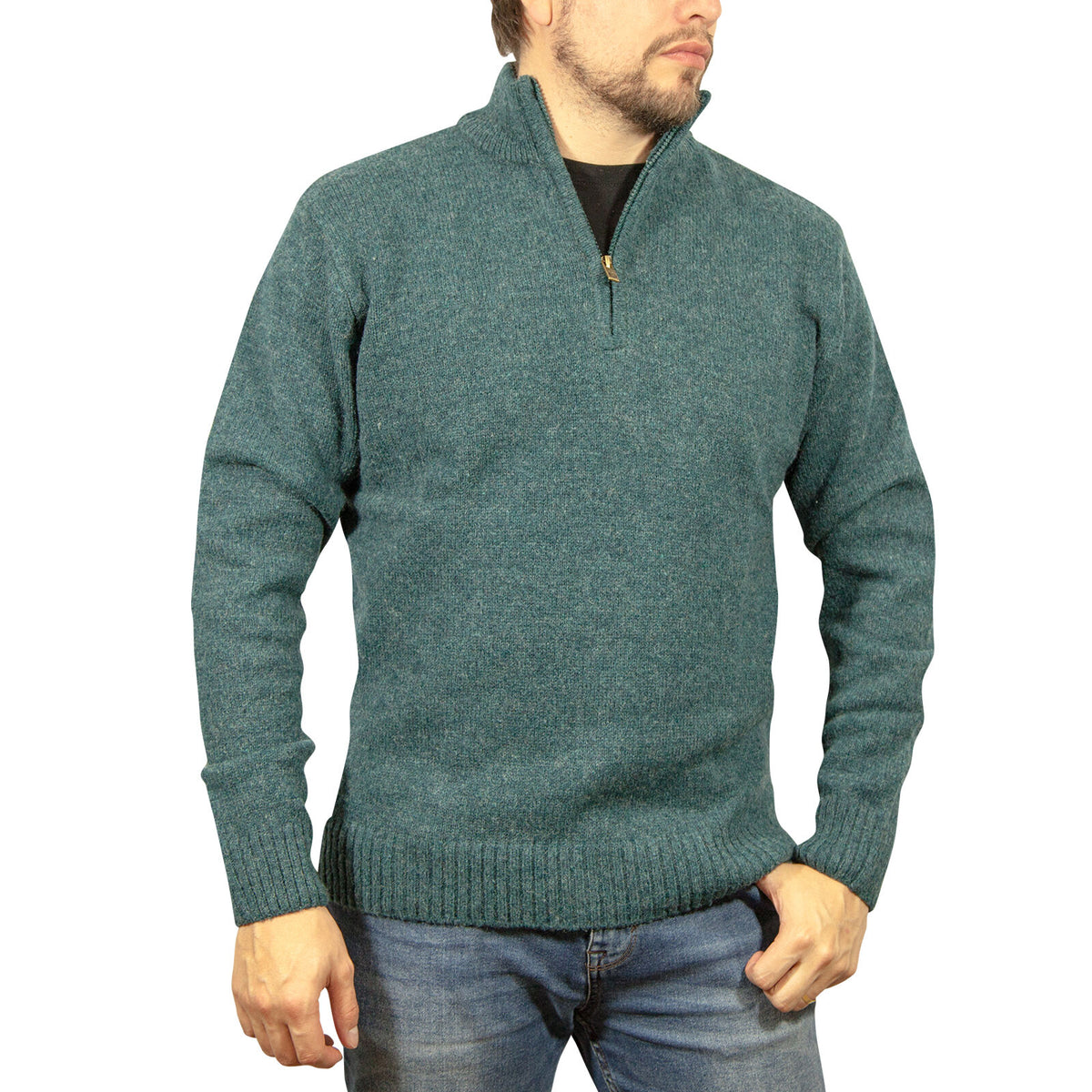 100% SHETLAND RAGG WOOL Half Zip Up Knit JUMPER Pullover Mens Sweater Knitted - Sherwood - 5XL