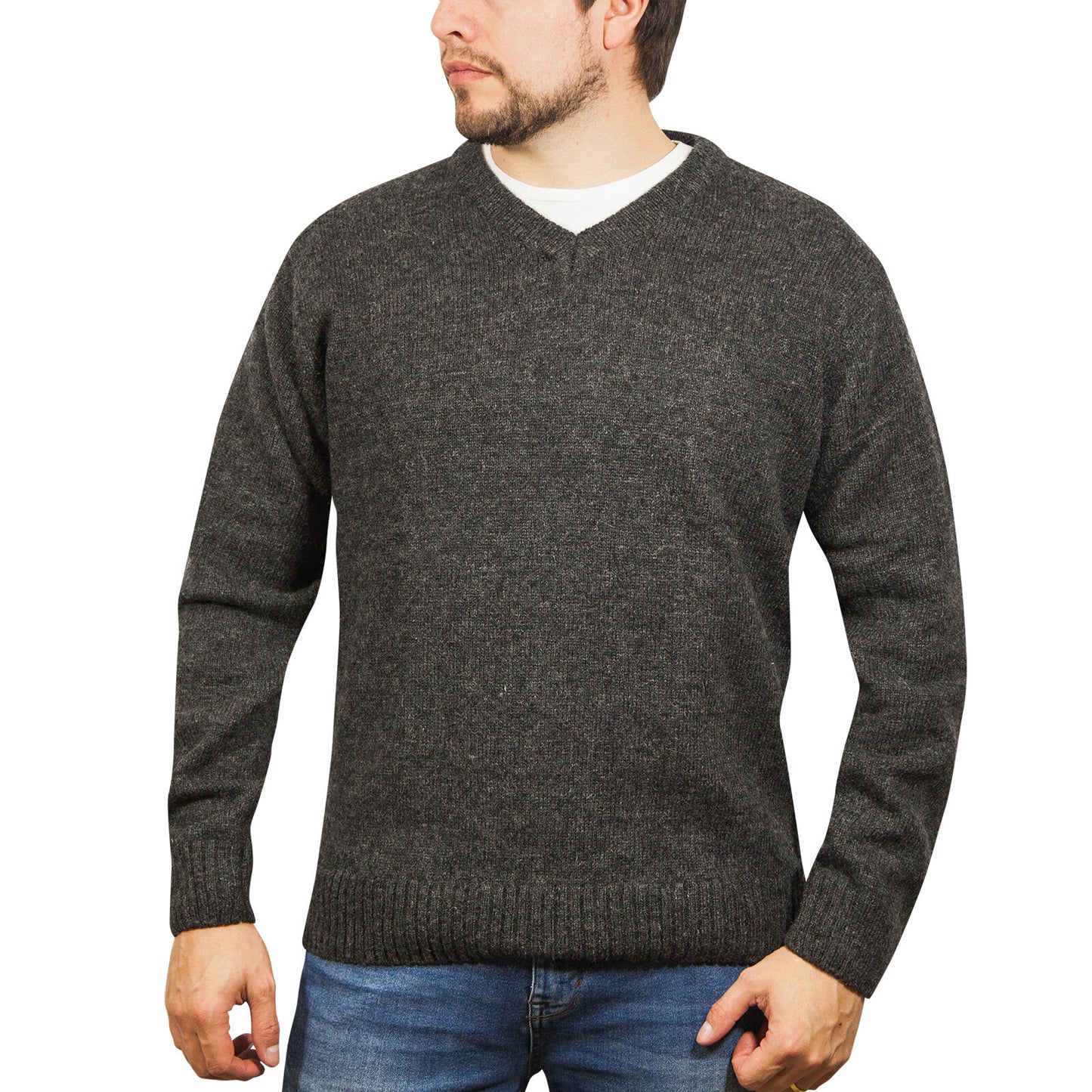 100% Shetland Ragg Wool V Neck Knit Jumper Pullover Mens Sweater Knitted - Charcoal - M