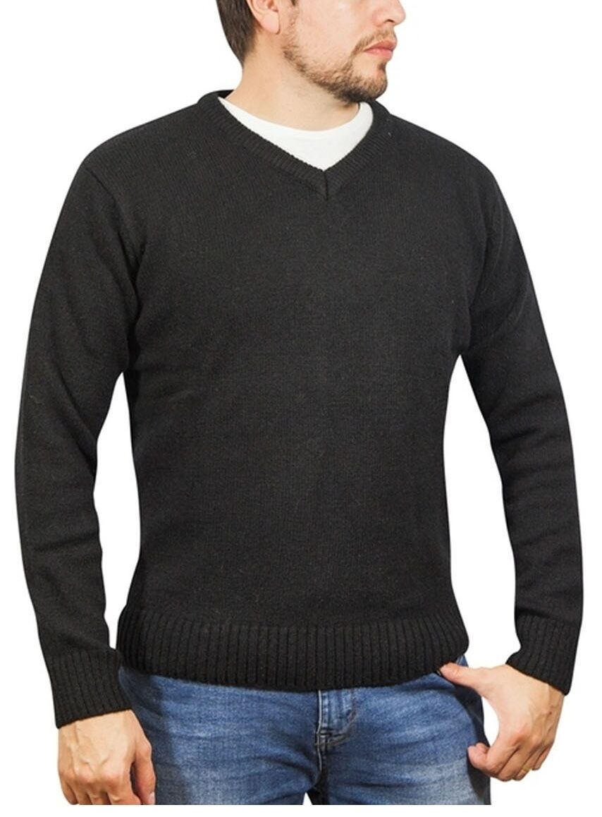 100% Shetland Ragg Wool V Neck Knit Jumper Pullover Mens Sweater Knitted - Plain Black - 6XL