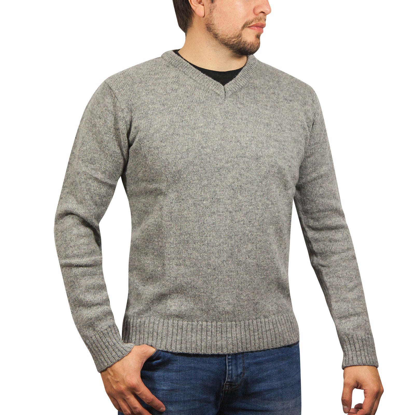 100% Shetland Ragg Wool V Neck Knit Jumper Pullover Mens Sweater Knitted - Grey - L