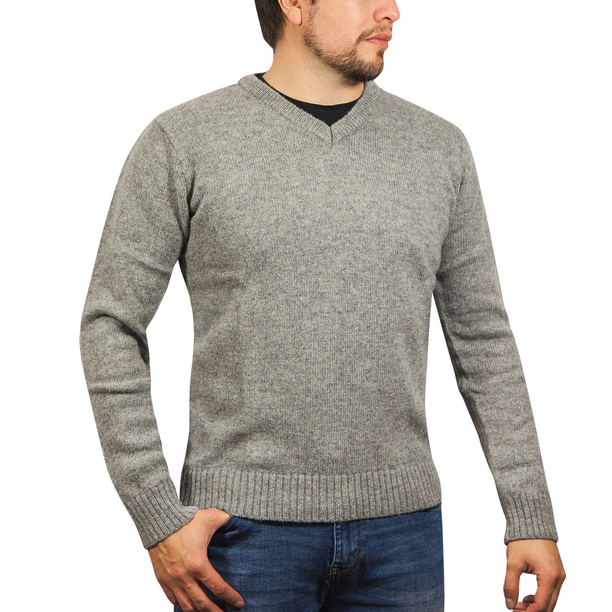 100% Shetland Ragg Wool V Neck Knit Jumper Pullover Mens Sweater Knitted - Grey - L