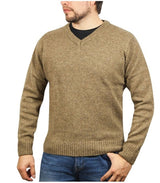 100% Shetland Ragg Wool V Neck Knit Jumper Pullover Mens Sweater Knitted - Nutmeg - L