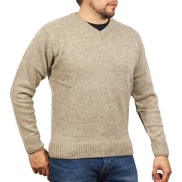 100% Shetland Ragg Wool V Neck Knit Jumper Pullover Mens Sweater Knitted - Oat Marle - L