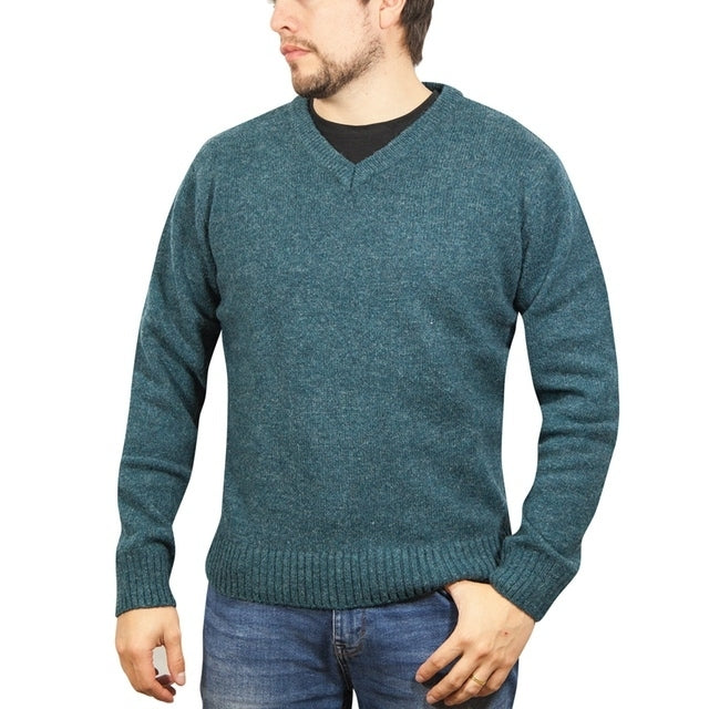 100% Shetland Ragg Wool V Neck Knit Jumper Pullover Mens Sweater Knitted - Sherwood - M