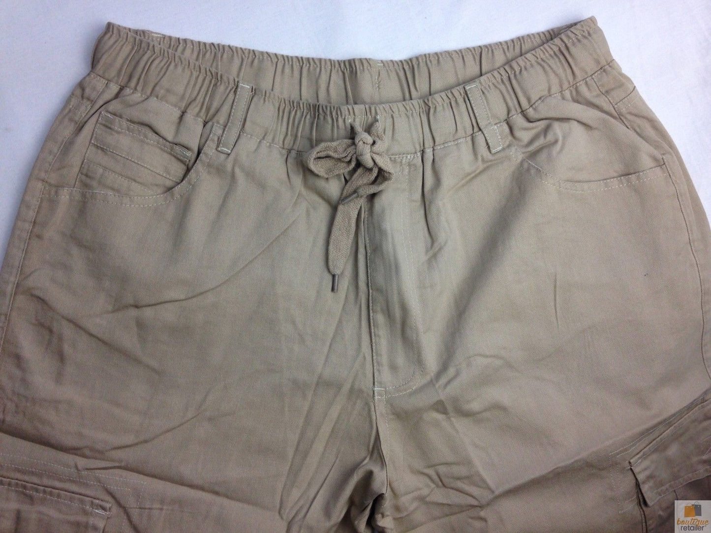 CARGO SHORTS Elastic Waist 100% COTTON Army Military PLAIN Pocket Mens S-XXL - Tan - S