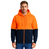 HI VIS Jumper Full Zip Hoodie Safety Workwear Fleecy Fleece Jacket Hooded in Orange/Navy - 3XL