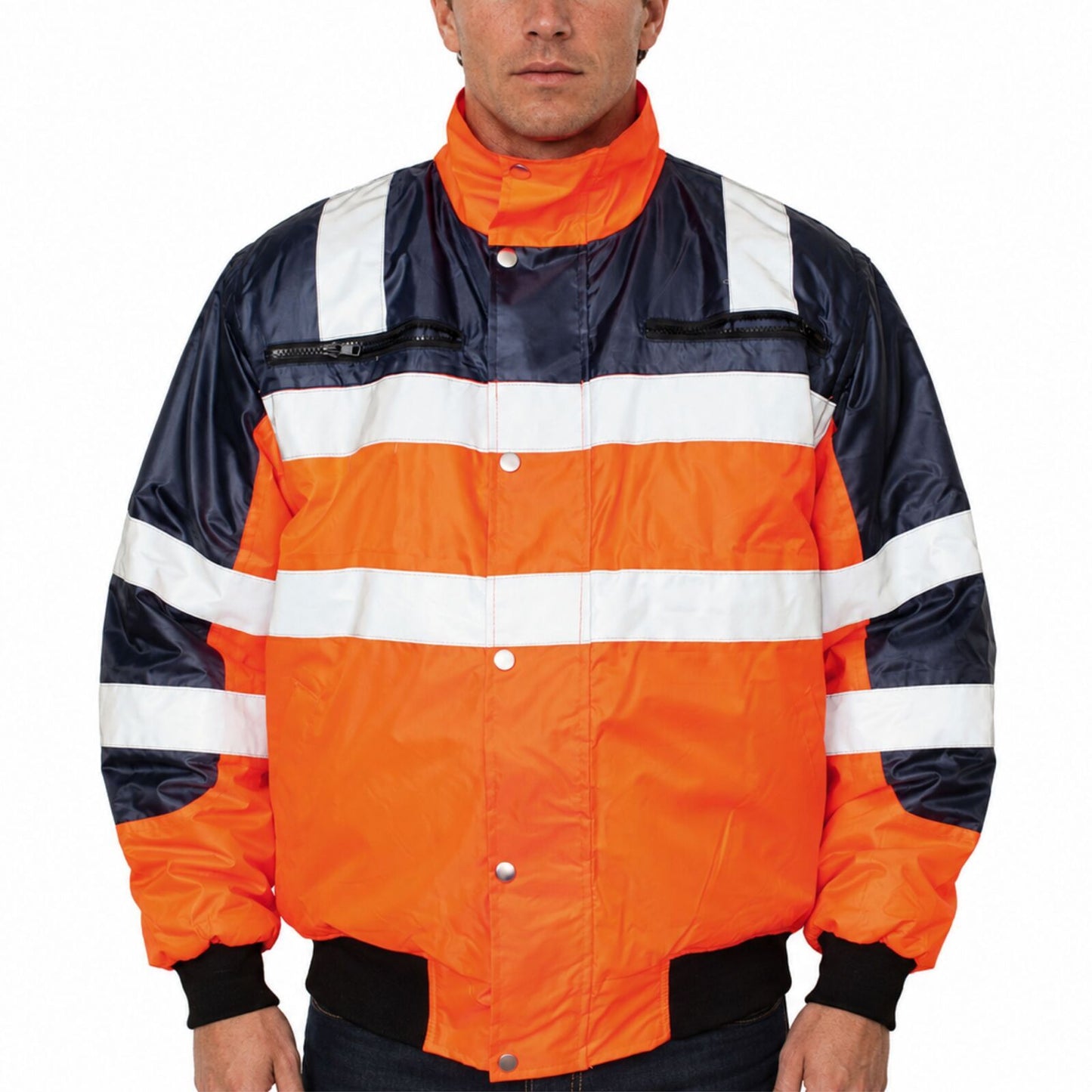 3-in-1 Hi Vis Safety Bomber Jacket Waterproof Reflective Quilted - Orange Navy - L