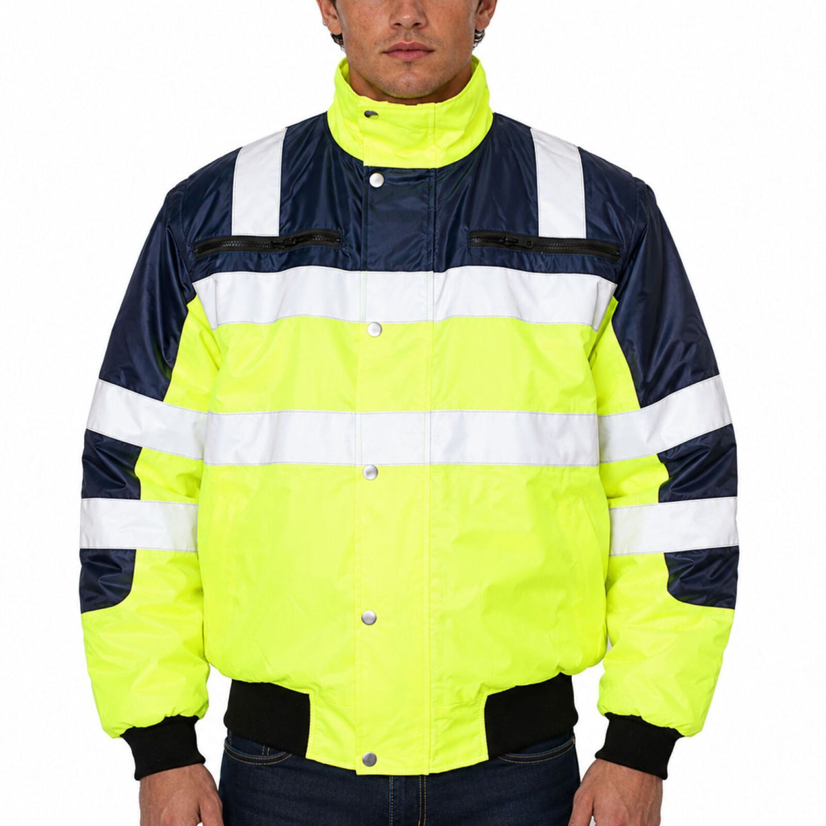 3-in-1 Hi Vis Safety Bomber Jacket Waterproof Reflective Quilted - Yellow/Navy - L