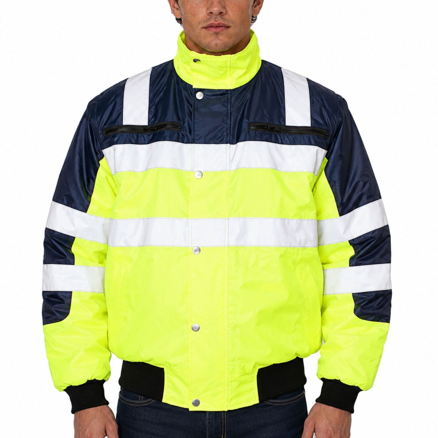 3-in-1 Hi Vis Safety Bomber Jacket Waterproof Reflective Quilted - Yellow/Navy - M