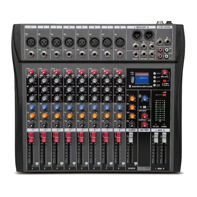 Hridz CT-80S Professional Audio Mixer â€“ 8 Channels Bluetooth USB Mixer with Effects, 48V Phantom Power, and Built-in S