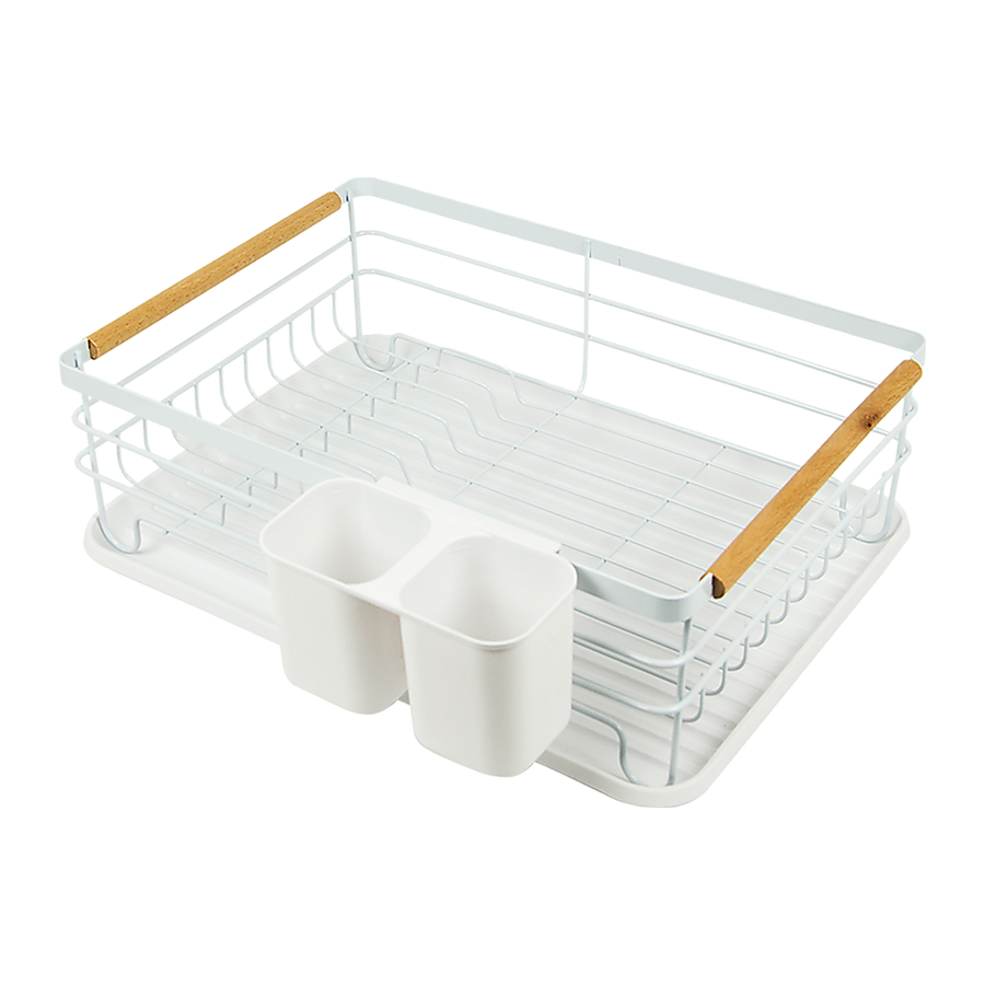 Metal Dish Drying Rack Drainboard Holder Tray Kitchen Plates Cutlery Wood Handle