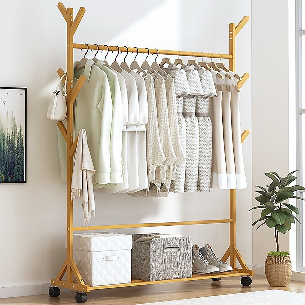 Portable Clothes Rack Coat Garment Stand Bamboo Rail Hanger Airer Closet