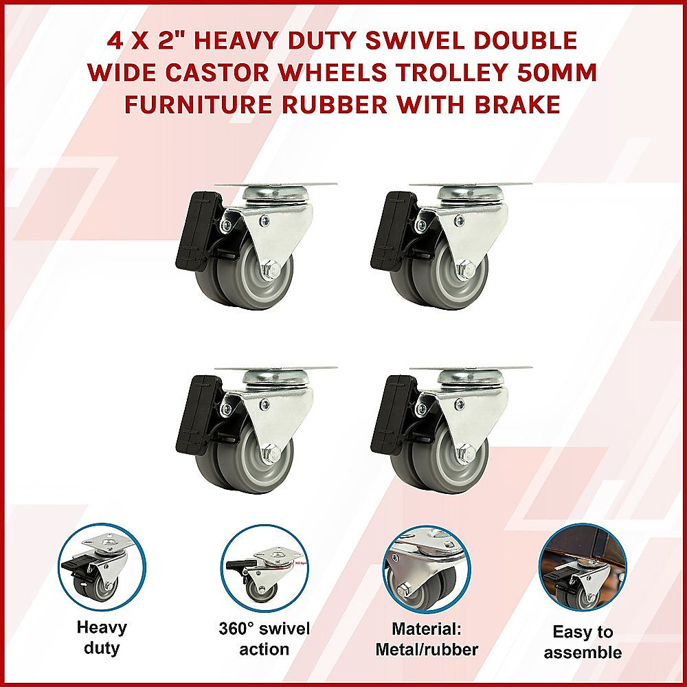 4 x 2" Heavy Duty Swivel Double Wide Castor Wheels Trolley 50mm Furniture Rubber With Brake
