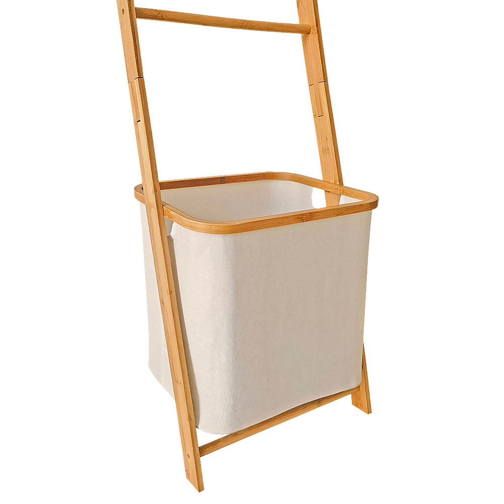 Wall Leaning Ladder Laundry Hamper with Towel Rack Clothes Storage Shelf Natural Wood