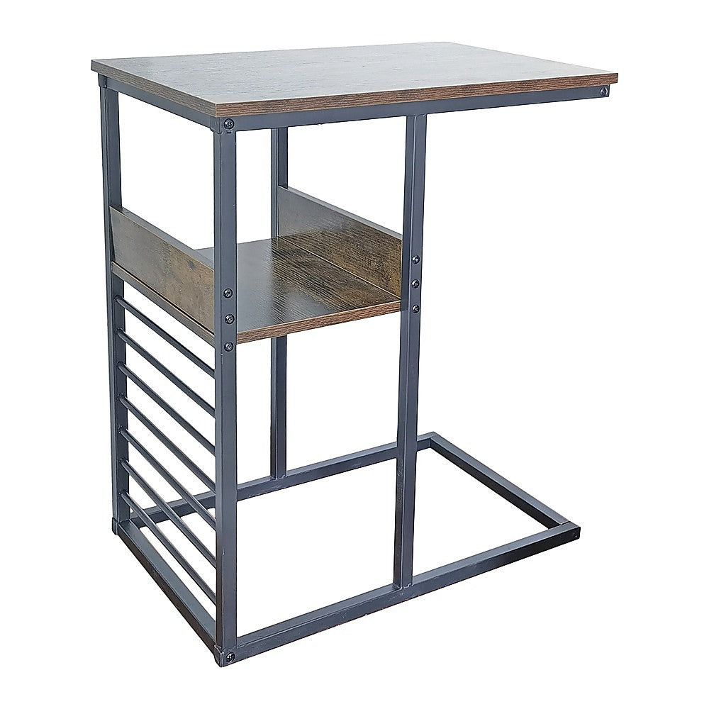 Industrial C Shaped Sofa Side Table with Wooden Shelf Couch Laptop Snack End Table