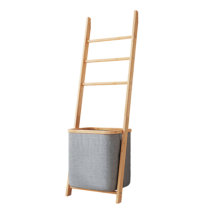 Wall Leaning Ladder Shelf with Laundry Basket Clothes Hamper Bath Towel Rack in Grey
