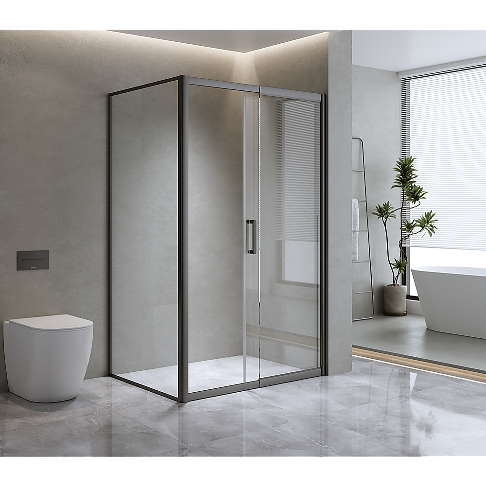 Adjustable 1500x1010mm Single Door Corner Sliding Glass Shower Screen in Black