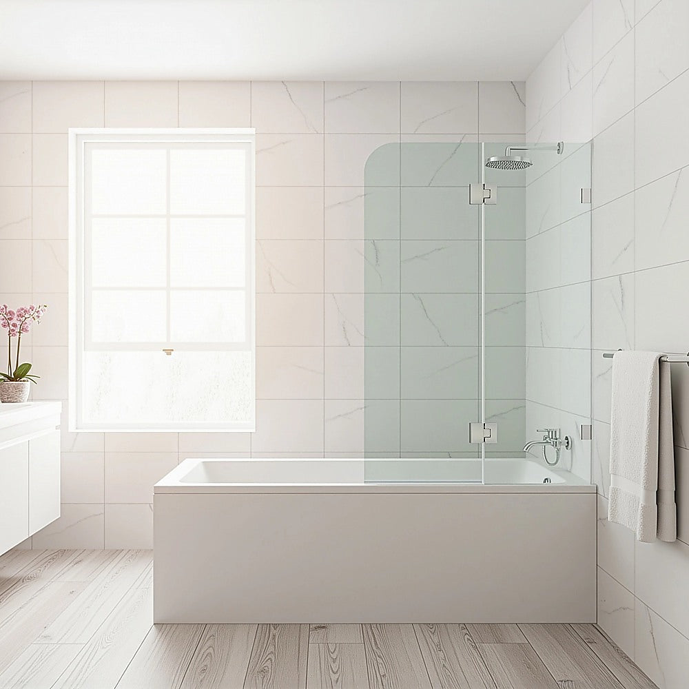 120cm Frameless Glass Bath Screen – Brass U-Brackets in Nickel for Stylish Bathroom Upgrade